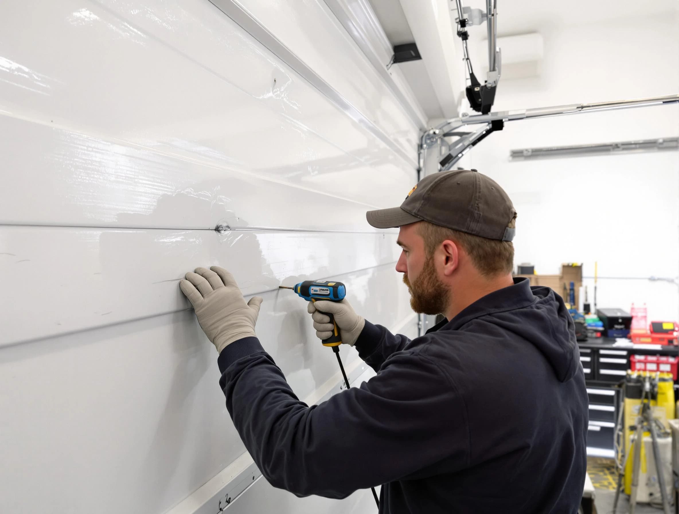 Hendersonville Garage Door Repair technician demonstrating precision dent removal techniques on a Hendersonville garage door